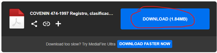 MediaFire Download button to download the COVENIN 474 standard for workplace accident statistics
